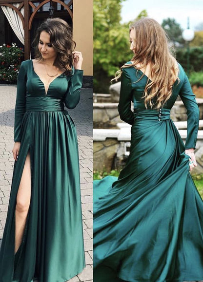 emerald green prom dresses long sleeves evening gown cg4286 – classygown