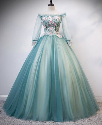 Unique Green Tulle Long Sleeve Strapless Formal Prom Dress, Evening Dress cg5274