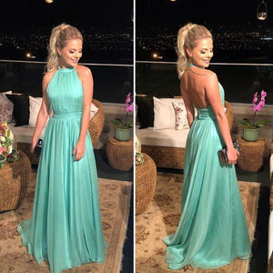 Sexy Halter Green Backless A Line Prom Dress, Chiffon Long Evening Party Gown   cg5593