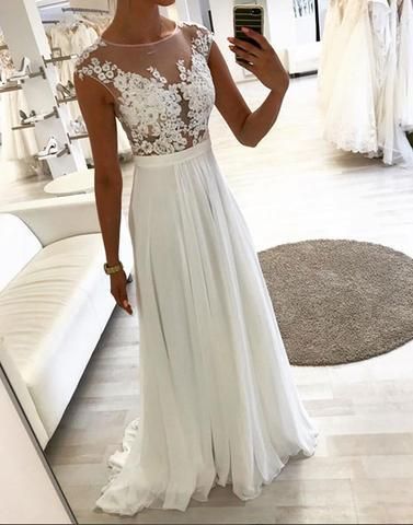 White lace chiffon long prom dresses, white evening dresses  cg6071