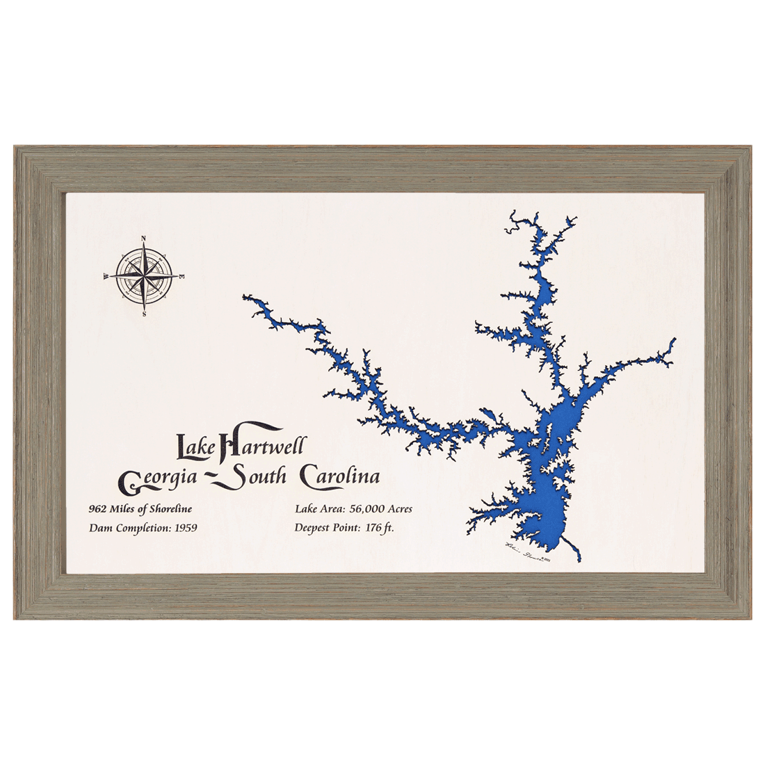 Lake Hartwell, Georgia and South Carolina White Washed Wood and Rustic Gray Frame Lake Map Silhouette