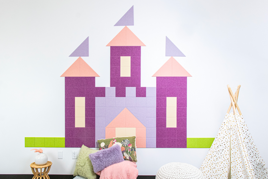 Felt Right wall tiles form a princess castle design in a child's playroom