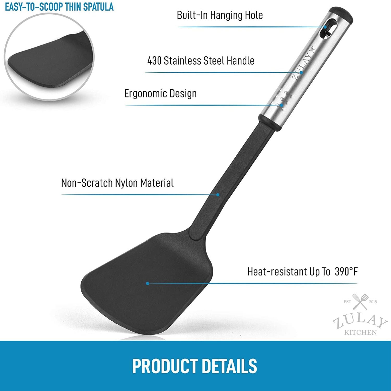 Zulay Kitchen Stainless Steel Slotted Turner - 14.8 inch Heavy Duty Metal  Spatula With Easy Grip Handle for Cooking 