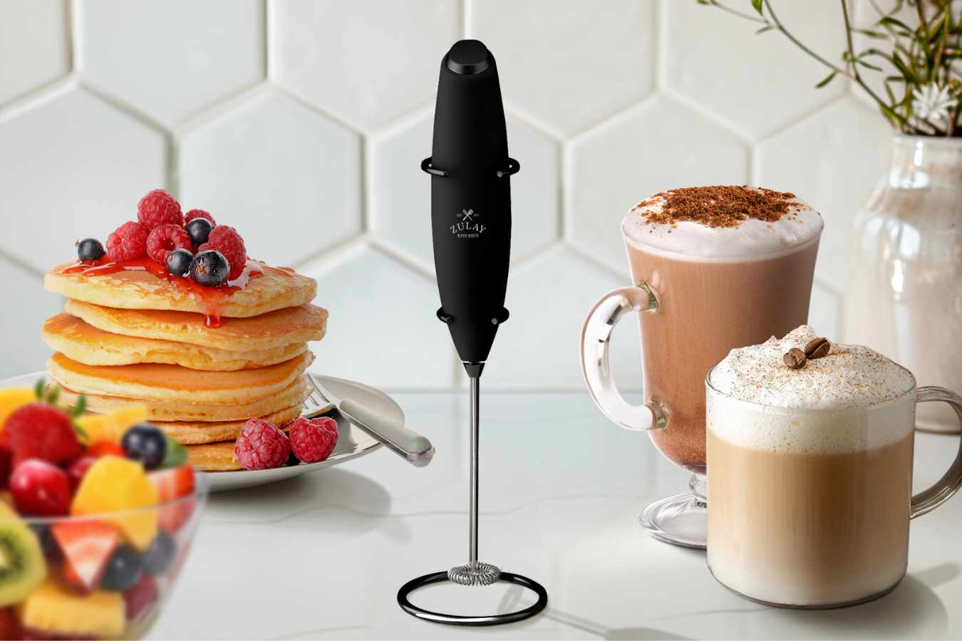 A Clean Zulay Kitchen Milk Frother on a kitchen counter.