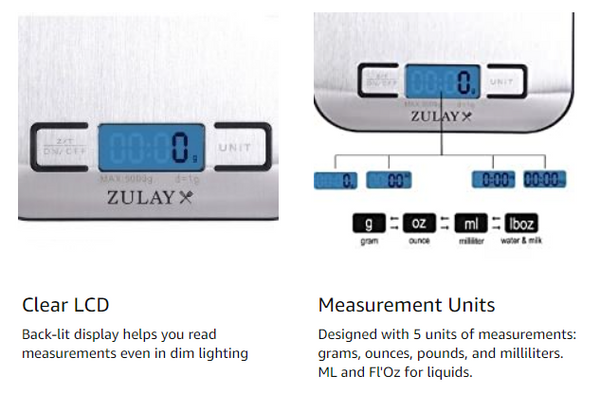 Zulay Kitchen Precision Digital Food Scale Weight Grams and Oz, LB