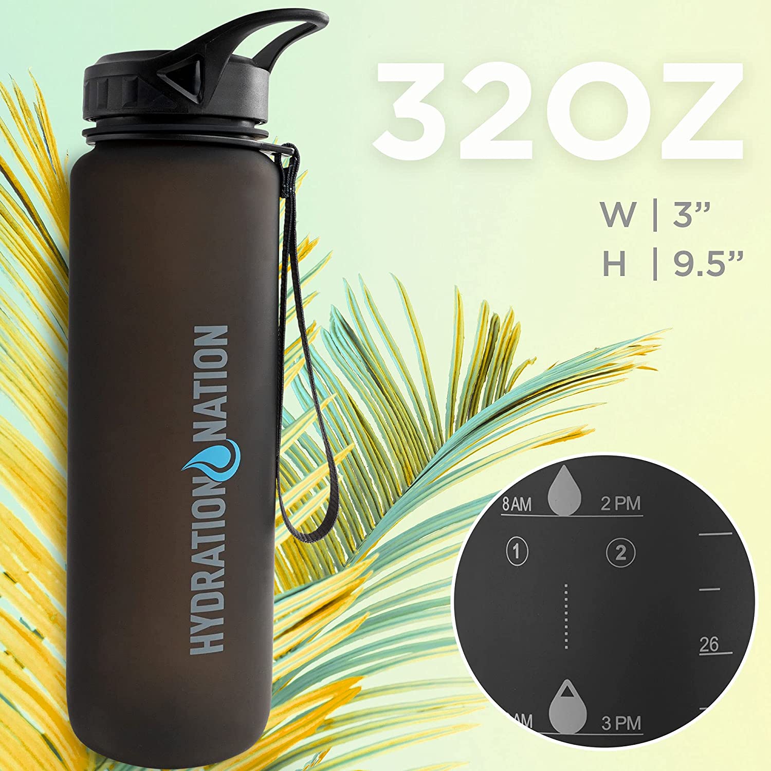 Hydration Nation Stainless Steel Water Bottle Double Wall Insulated - Midnight Black 25oz