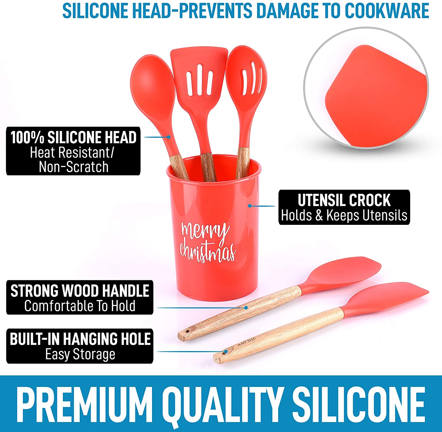 9 Piece Red Colored Silicone Kitchen Utensils Set with Wooden Handles