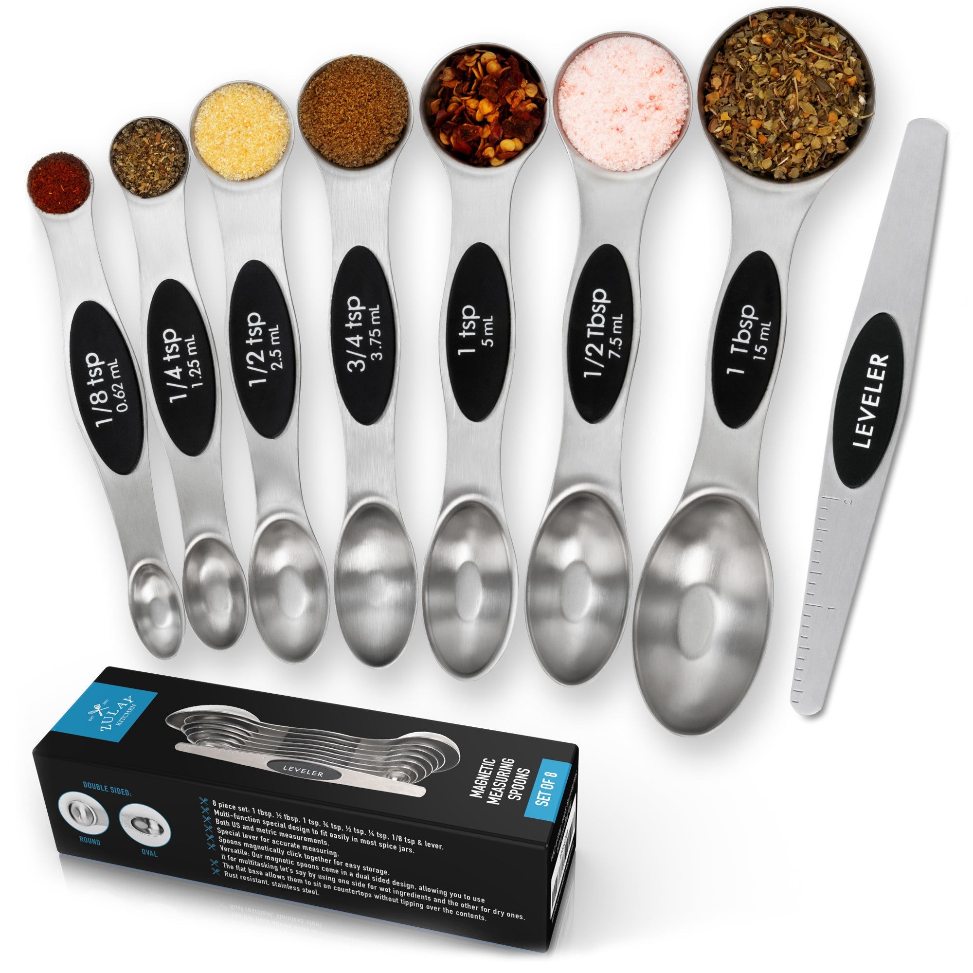 Spring Chef Magnetic Measuring Spoons Set, Dual Sided, Stainless Steel, Fits in Spice Jars, Set of 8: Kitchen & Dining