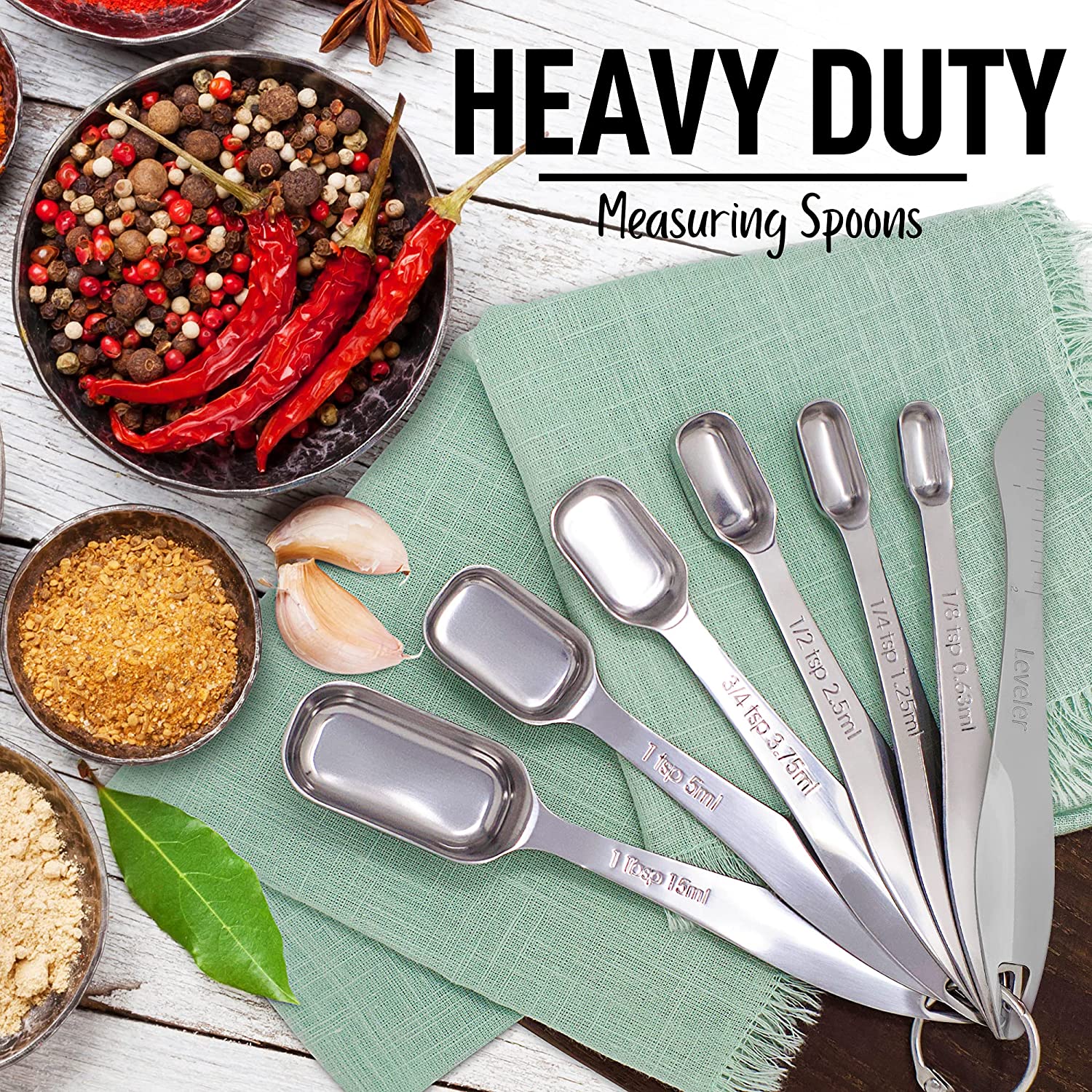 Heavy Duty Stainless Steel Metal Measuring Spoons (Set of 7