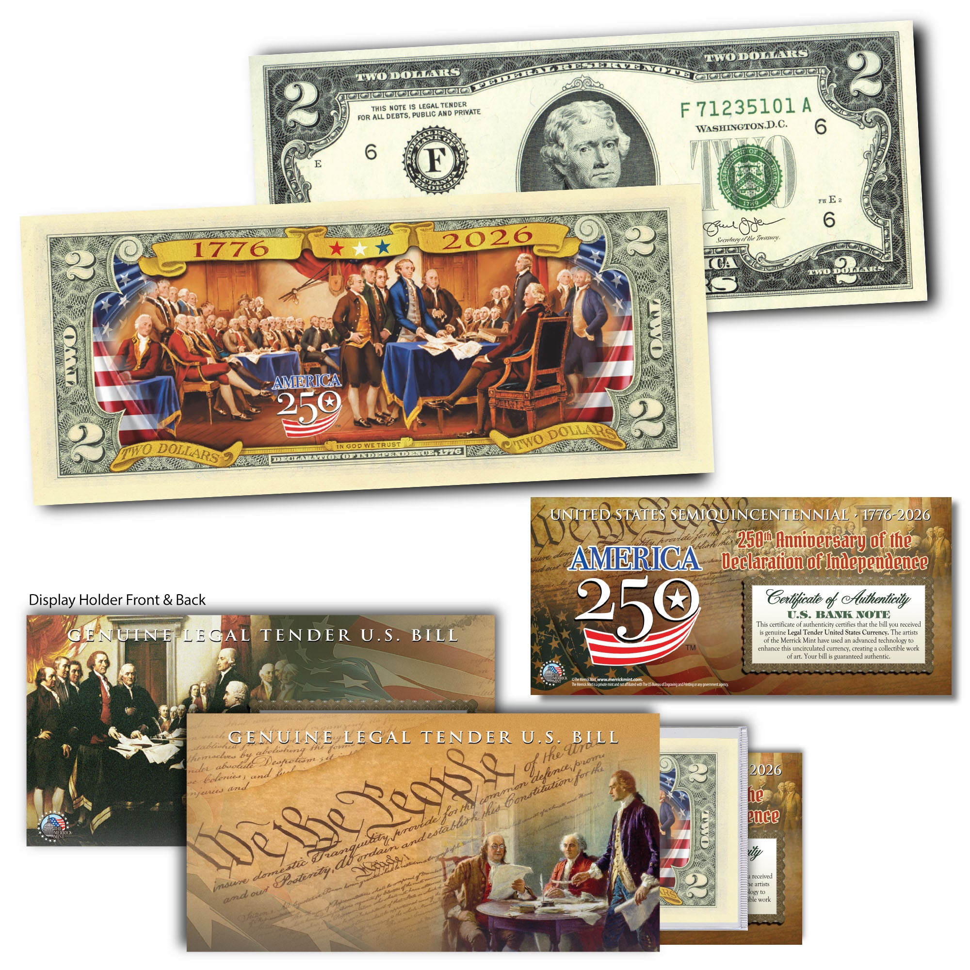 Image of America's 250th Anniversary Collectible $2 Bill | 1776 - 2026 Banner with Colored Back