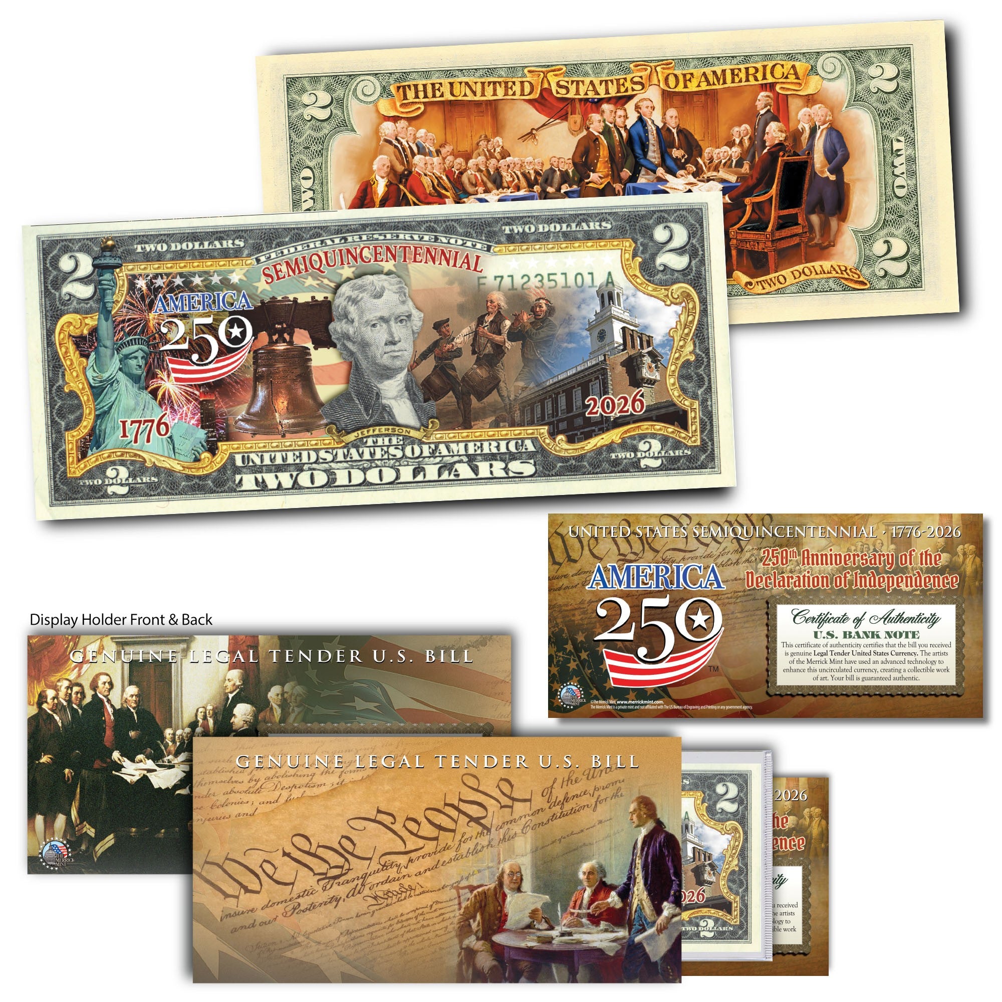 Image of America's 250th Anniversary Collectible $2 Bill | Semiquincentennial 2-Sided Full Color
