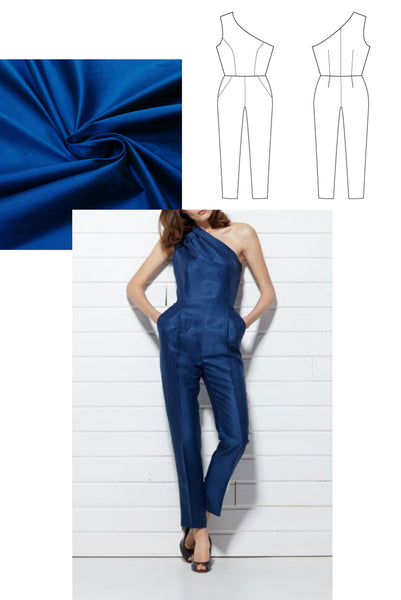 Patron de couture de combipantalon asymétrique à personnaliser, dans une soie sauvage doupion bleu électrique, inspiration par Atelier Charlotte Auzou