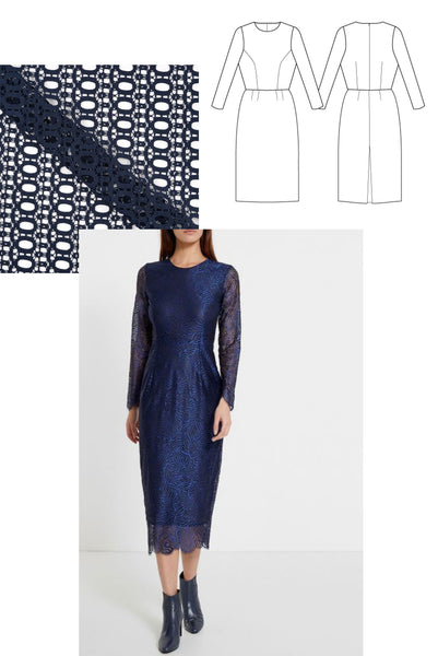 Patron de couture de robe droite midi en dentelle bleu marine et manches longues, à personnaliser pour les fêtes, inspiration par Atelier Charlotte Auzou