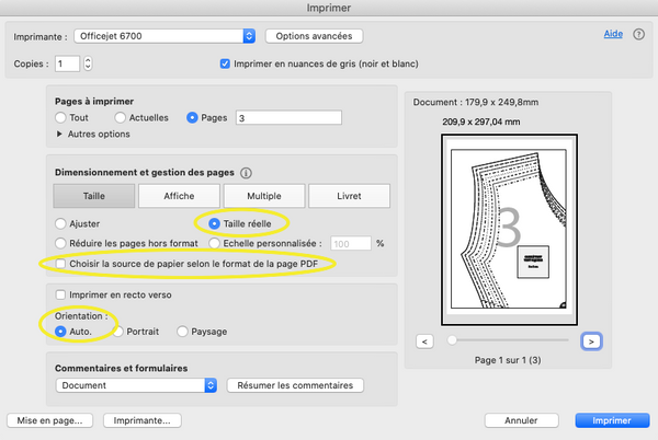 Imprimer un patron PDF A4, réglages d'imprimante