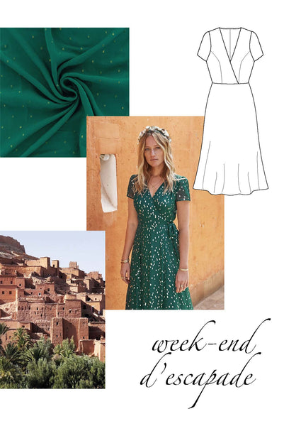 inspiration pour coudre une robe longue portefeuille émeraude grâce aux patrons de couture Atelier Charlotte Auzou