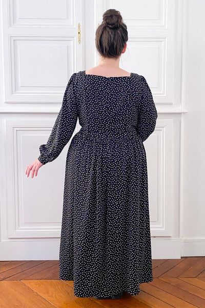 Patron de couture de robe longue en viscose à pois noir, par Atelier Charlotte Auzou