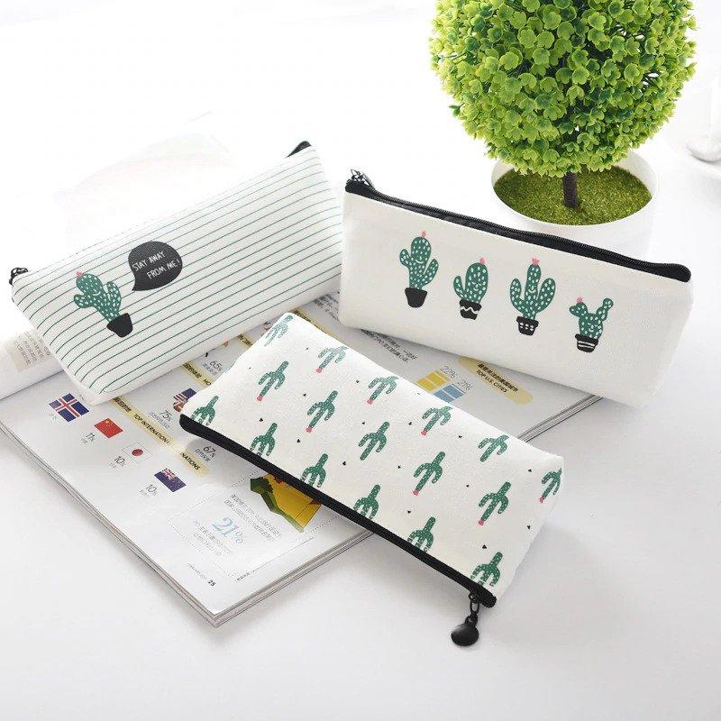 Green Cactus Canvas Pencil Case Pouch School Stationery