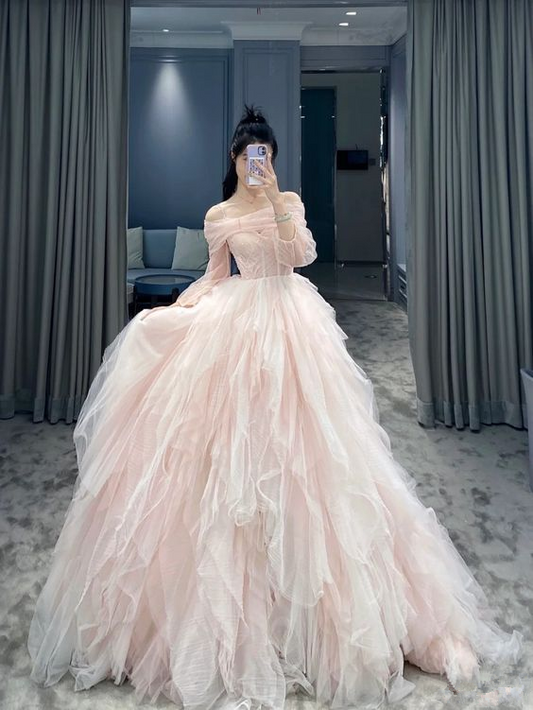 Pink Tulle Lace Off-the-Shoulder Ruffles Tiered Long Prom Dress