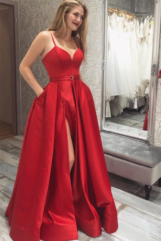Spaghetti Straps V Neck Red Satin A-line Prom Gown - Xdressy