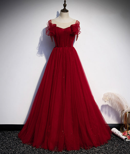 Burgundy tulle prom dress one shoulder evening dress S19581 –  Simplepromdress
