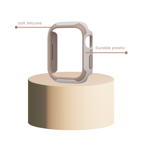 Clara Protective Case for Apple Watch displayed on a pedestal, highlighting the soft silicone interior and the durable plastic exterior.