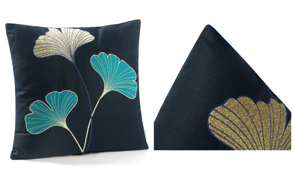 Embroidered Gingko Leaf Pattern Throw Pillow Cover