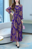 Purple Long Sleeves Tie Belted Floral Print Midi Dress