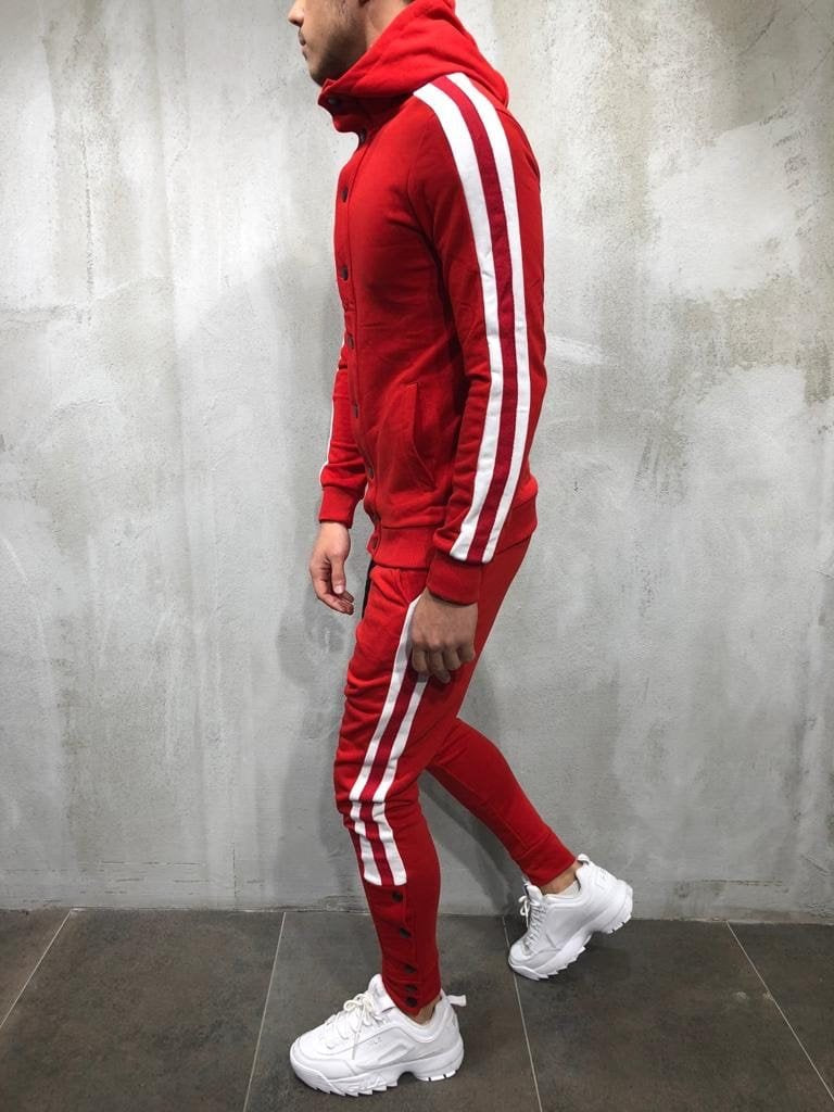 red tracksuit with white stripes