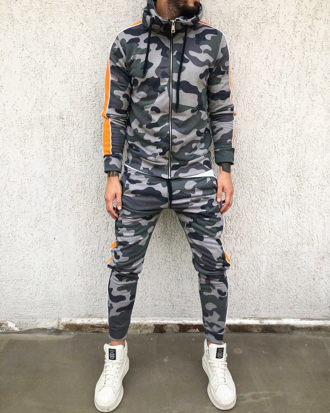 Gray Camouflage Orange Striped Tracksuit Gymwear Set B289 Streetwear ...