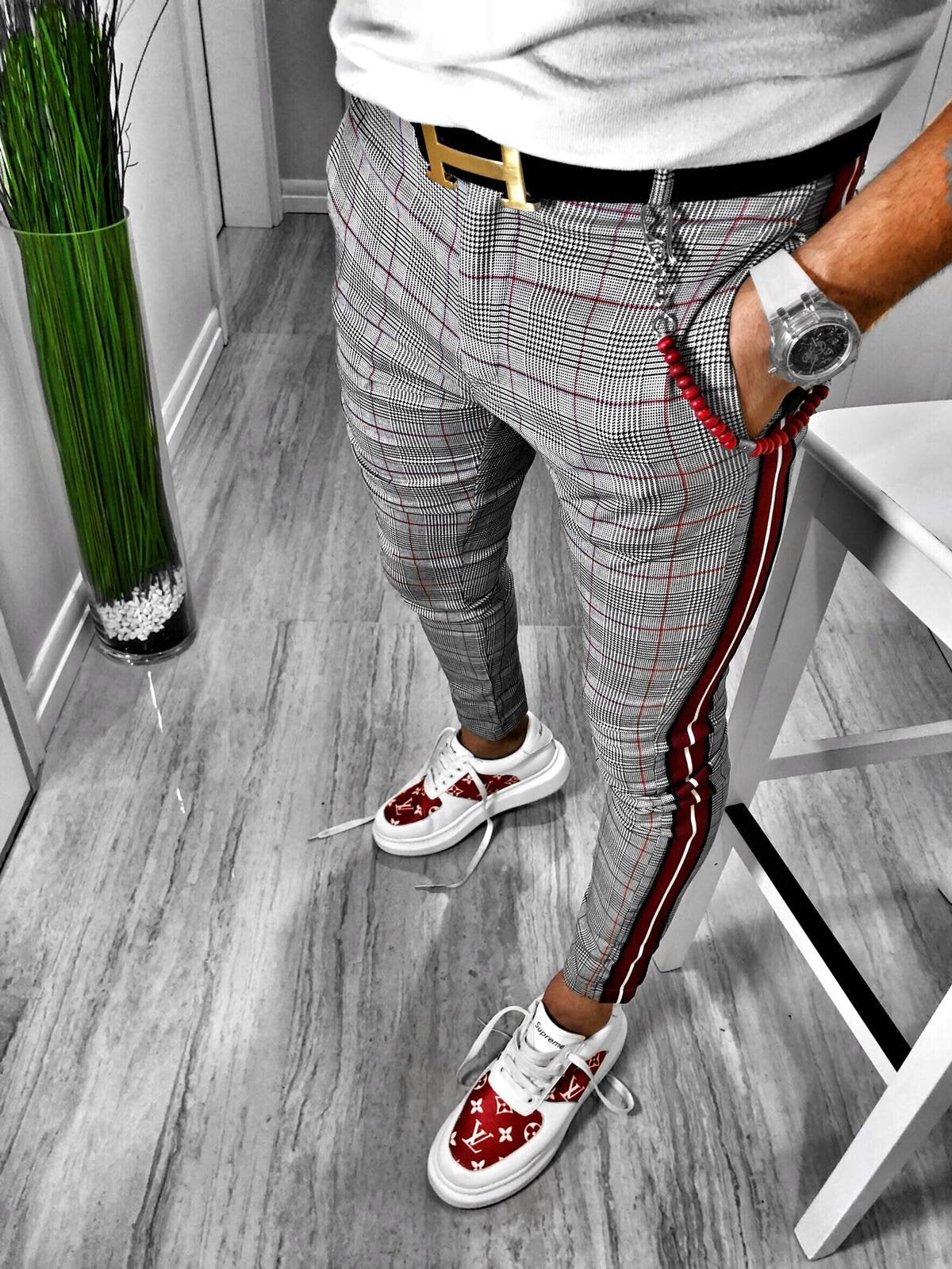 checkered side stripe pants