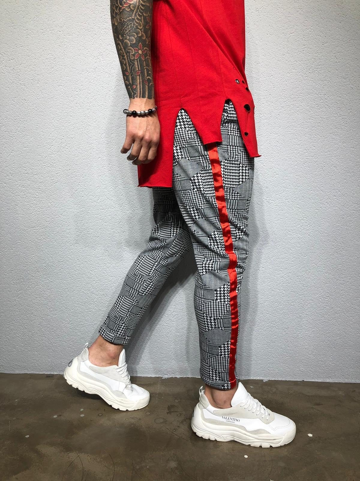 red pants with checkered stripe