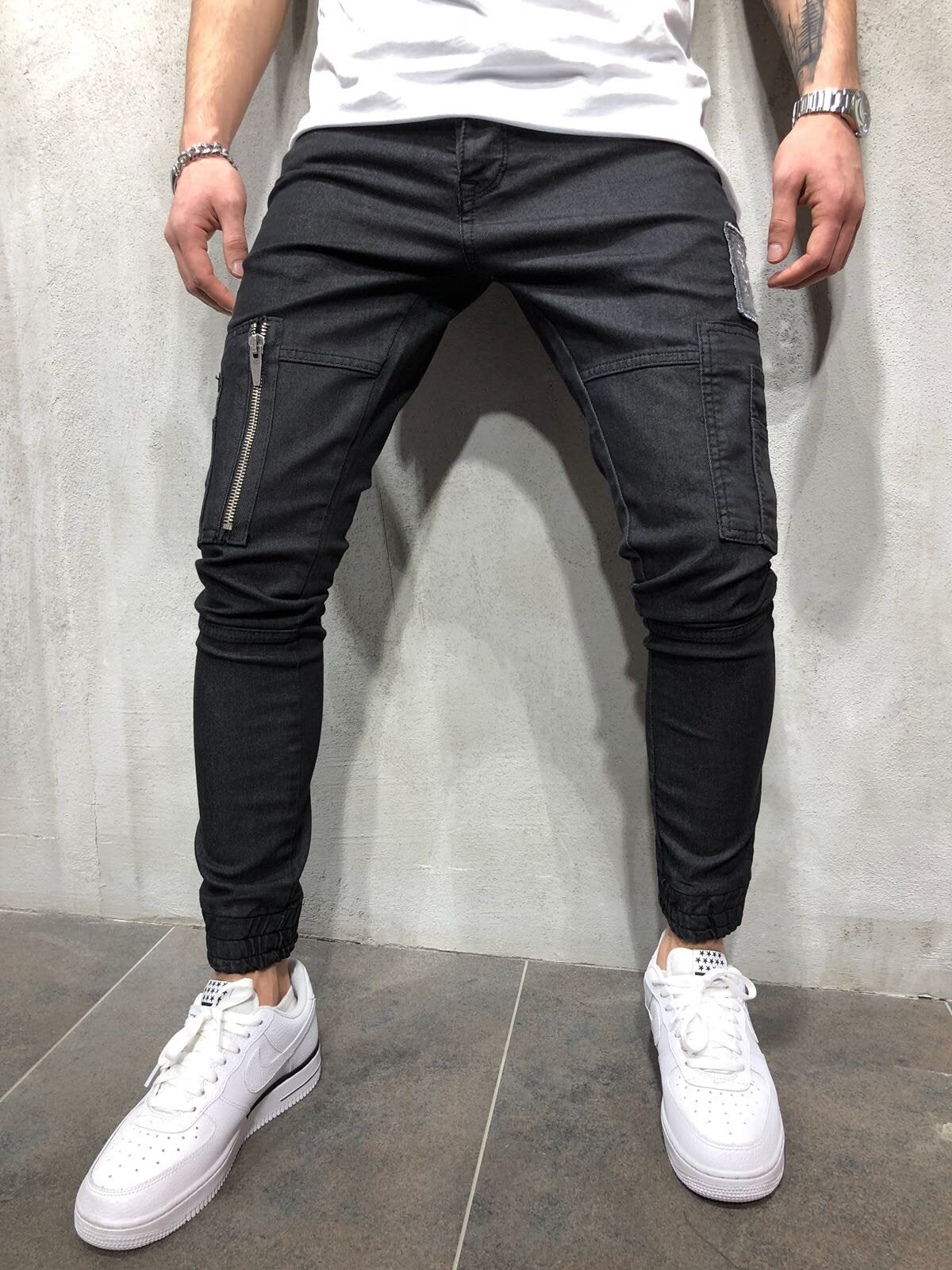 Black Cargo Style Slim Fit Denim A47 Streetwear Denim Jeans | Sneakerjeans