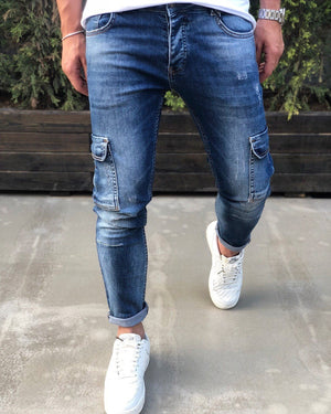 Blue Cargo Pocket Skinny Fit Denim B194 Streetwear Cargo Jeans - Sneakerjeans