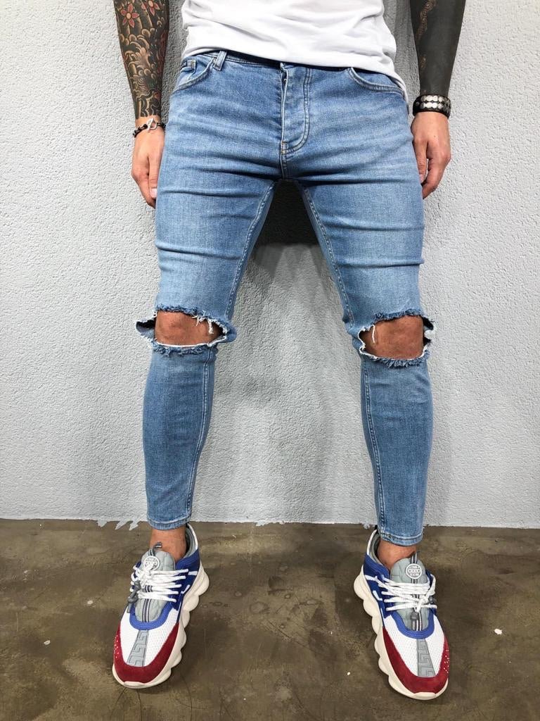 Blue Knee Ripped Jeans Slim Fit Jeans BL502 Mens Jeans |