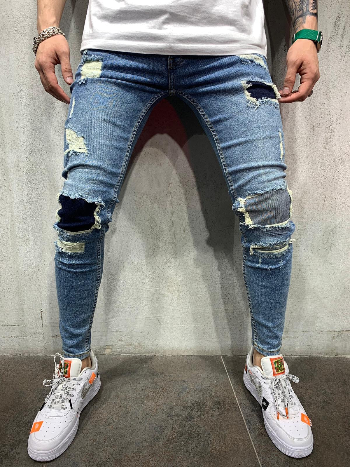 Blue Patched Ripped Jeans Slim Fit Jeans AY491 Streetwear Mens Jeans | Sneakerjeans