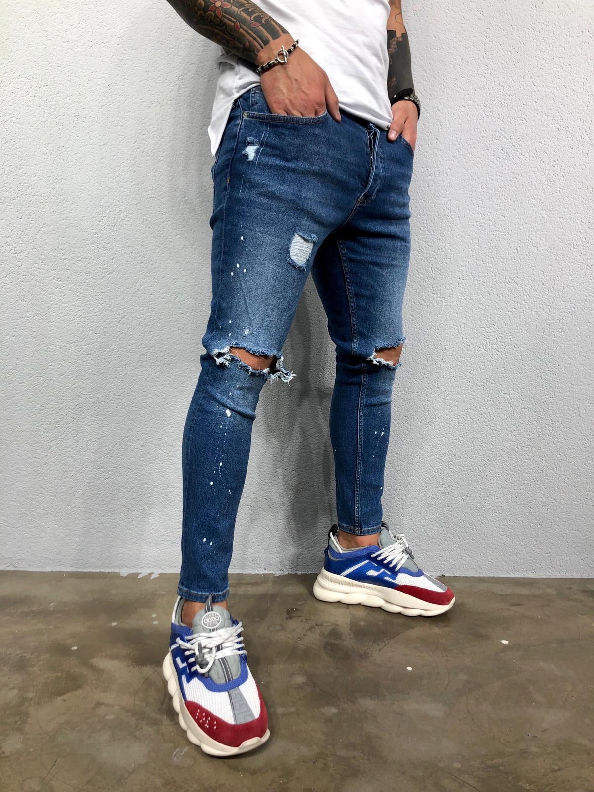 Blue Knee Ripped Jeans Slim Fit Jeans BL502 Streetwear Mens Jeans