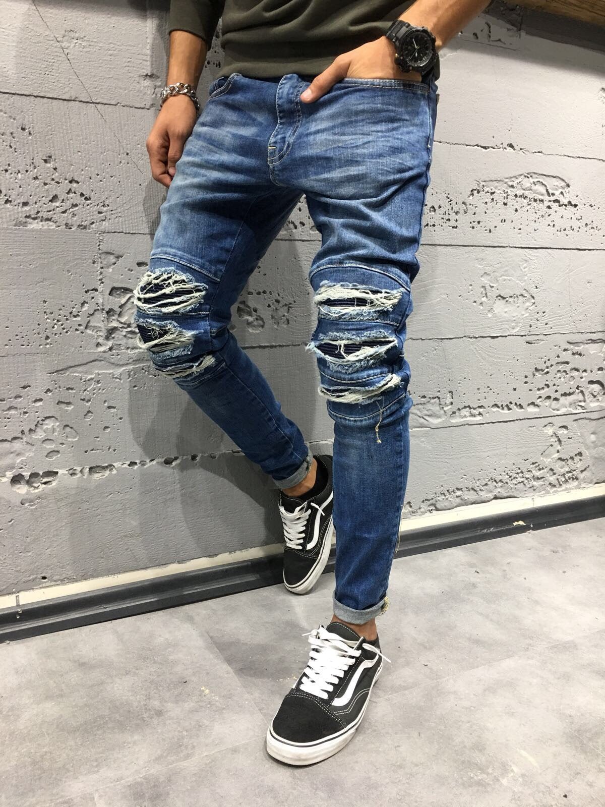 Black Front Slim Fit Ripped Jeans B29 Streetwear Jeans |