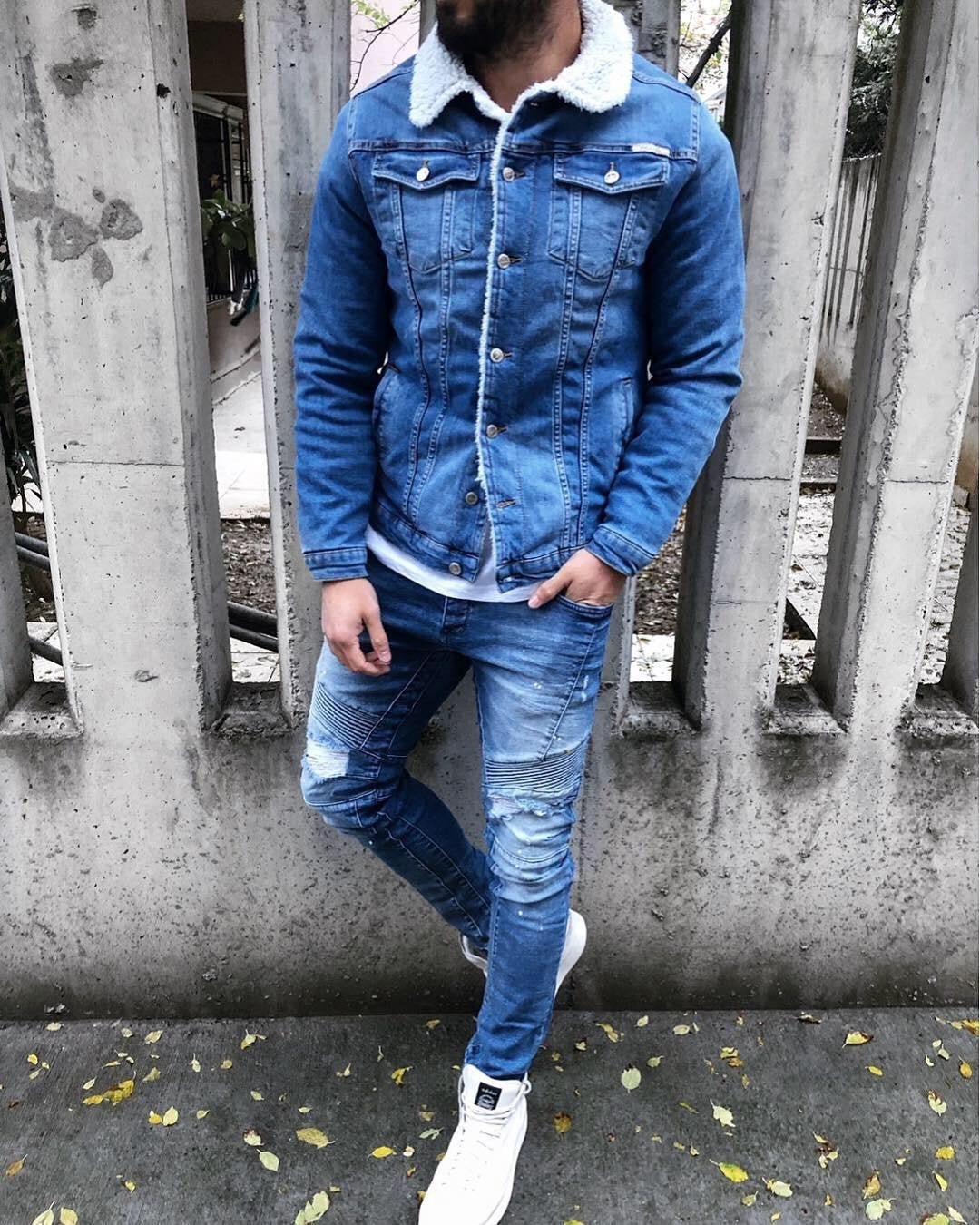 Blue Woolen Collar Jeans Jacket B324 Streetwear Mens Jean Jacket |  Sneakerjeans