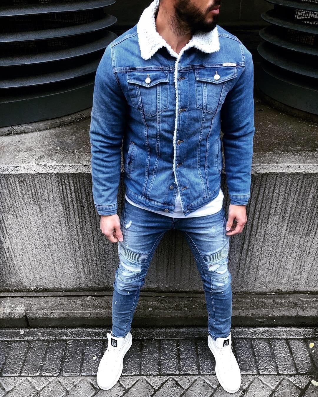 Blue Woolen Collar Jeans Jacket B324 Streetwear Mens Jean Jacket |  Sneakerjeans