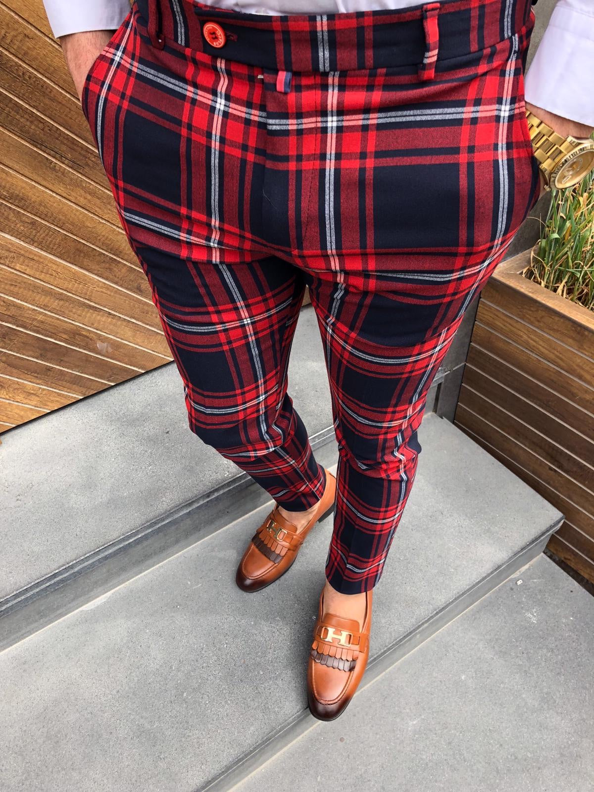 mens red plaid skinny pants