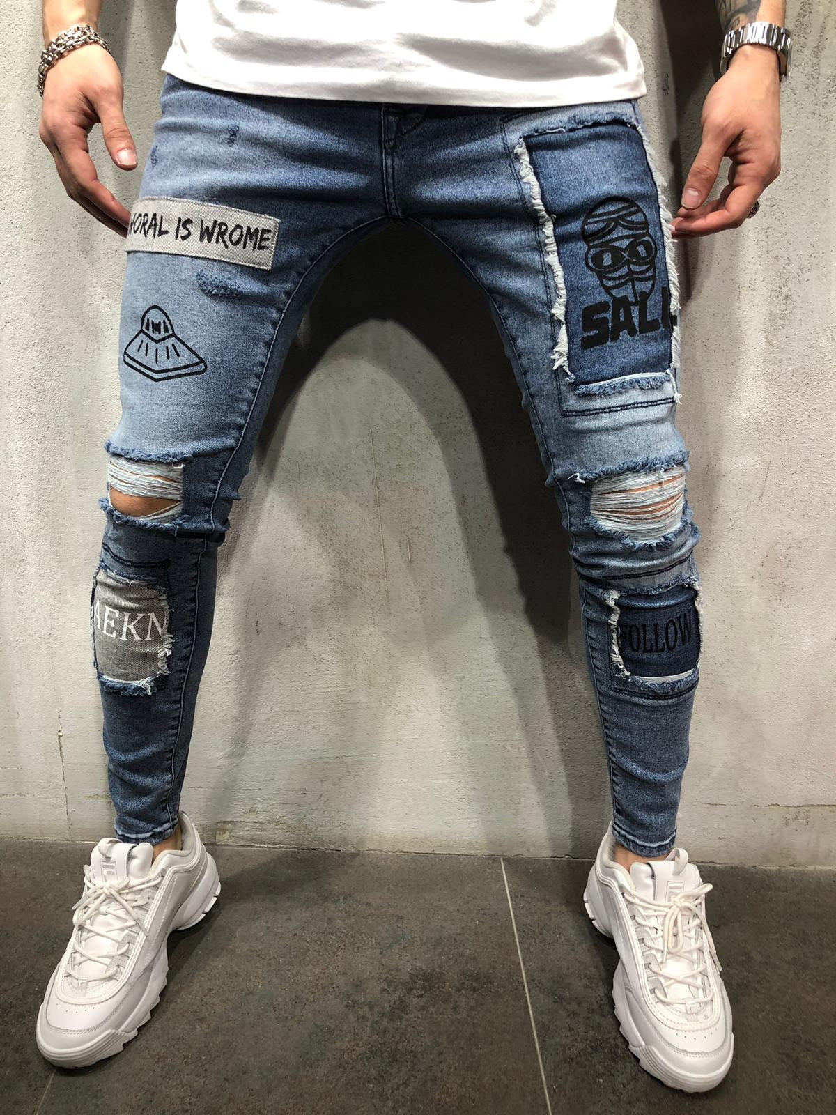 Blue Patched Printed Ultra Skinny Denim 