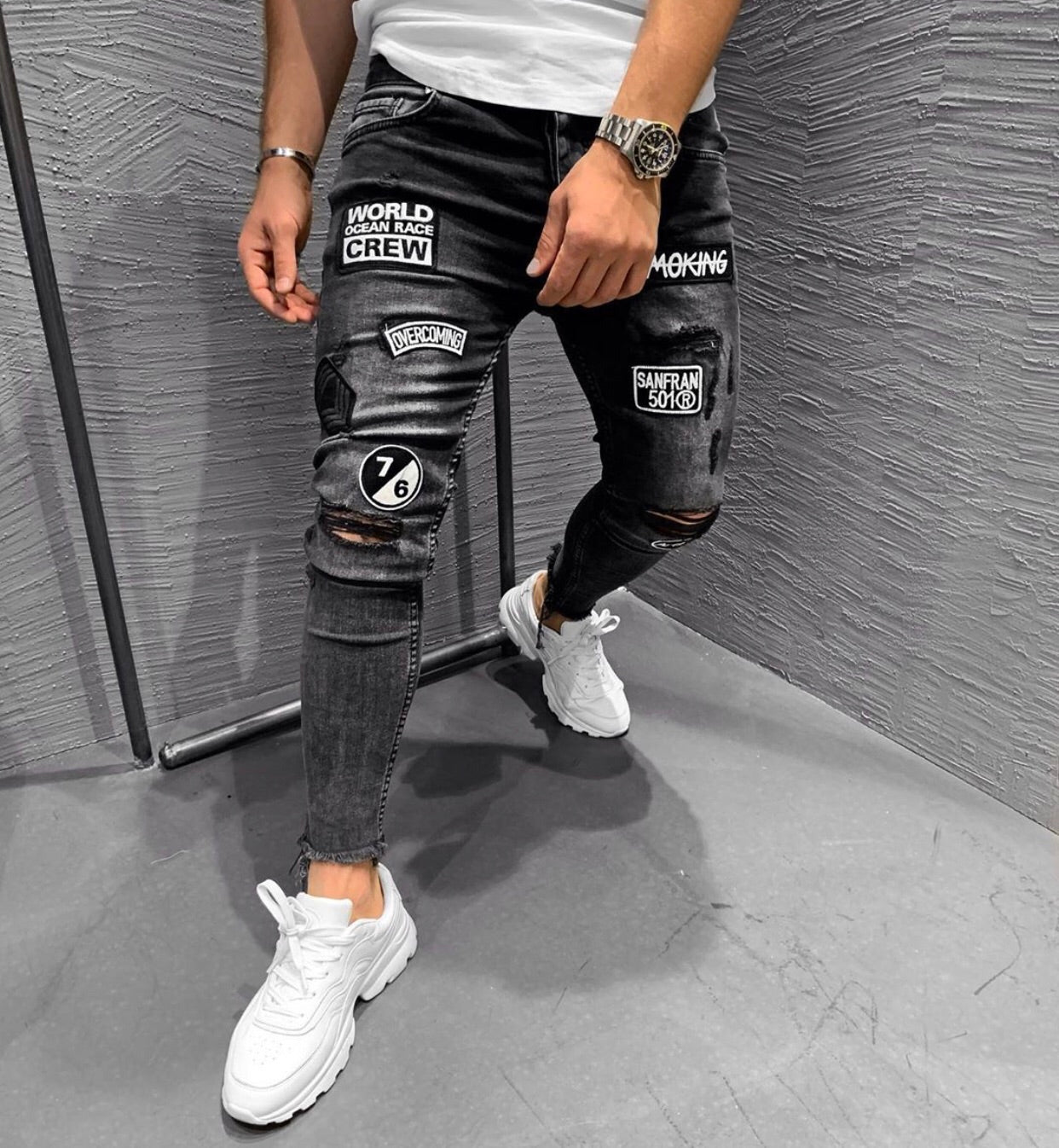 mens ripped patched jeans