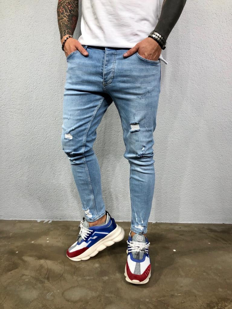 light blue denim ripped jeans mens
