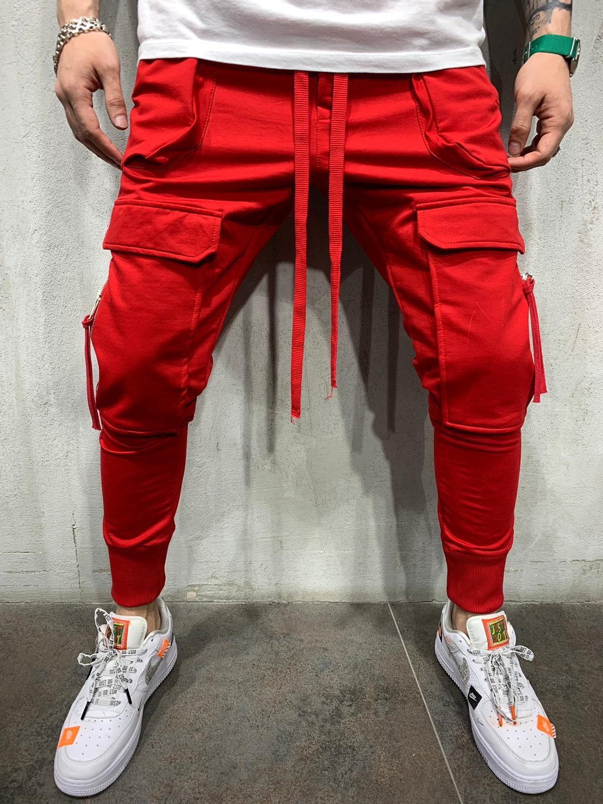 red jean joggers