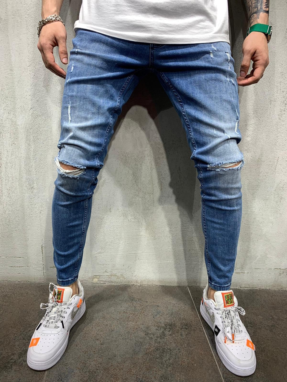 Ripped Blue Jeans Slim Fit Mens Jeans 