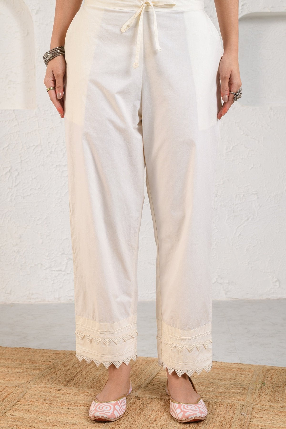 White Pintucked Lace Pants – prakritijaipur