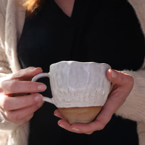 alt=handmade stoneware mug with cream dolomite glaze. Perfect for the calm nature trend. Availble from Bramble and Fox UK hygge homeware shop."