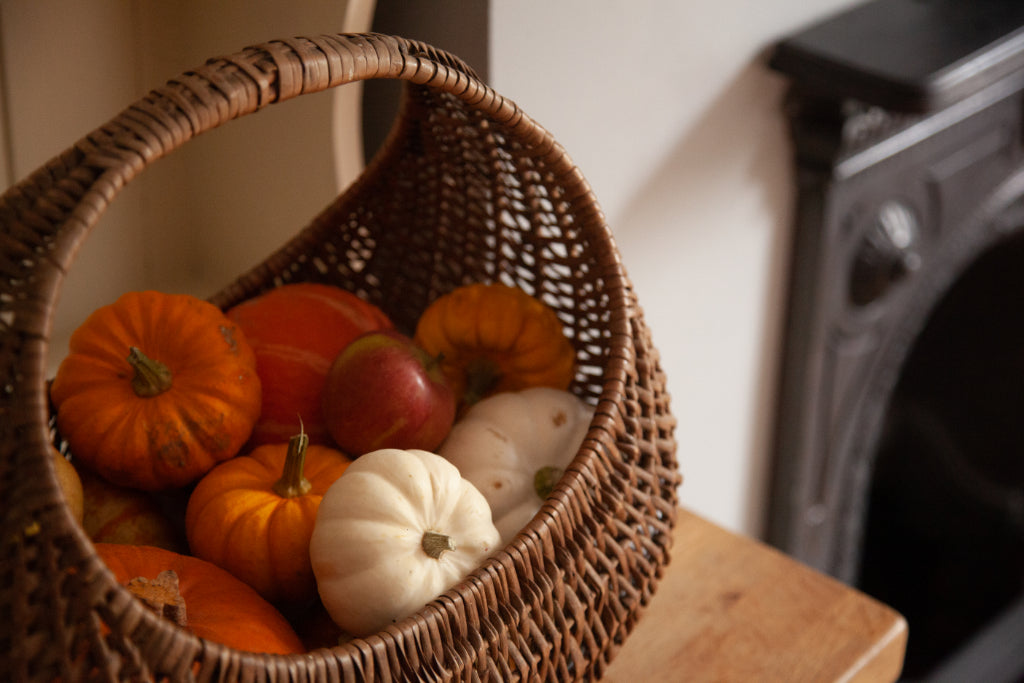 how to create a hygge kitchen on a budget, cosy kitchen, bramble and fox, pumpkins basket, uk, hygge, shop, gifts