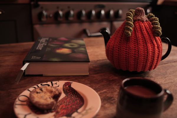 alt="tablescape of pumpkin tea cosy with Nigel Slater book and Emma Bridgewater plate. From Bramble and Fox UK hygge home blog"