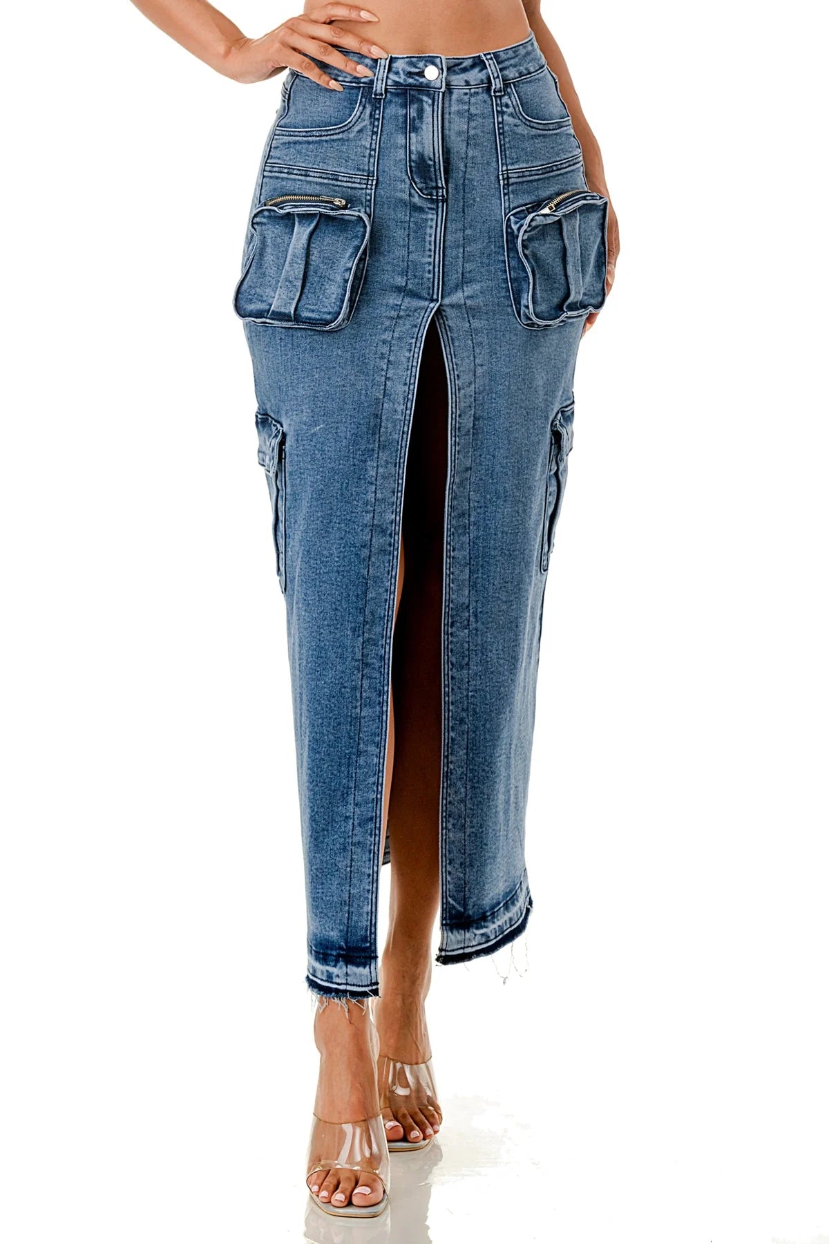 Front Slit Cargo Midi Denim Skirt